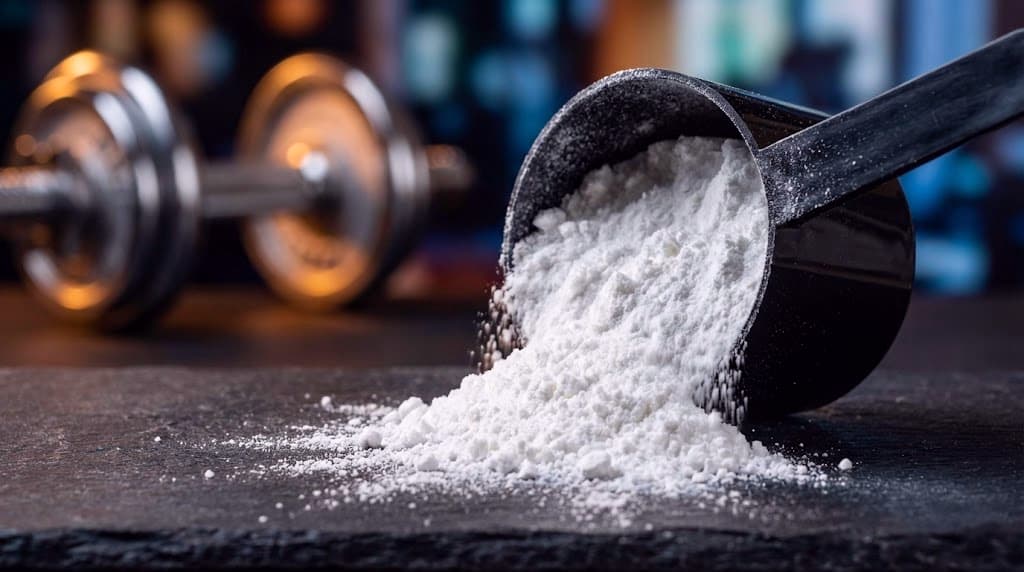 Scoop de créatine en poudre avec des haltères en fond flou