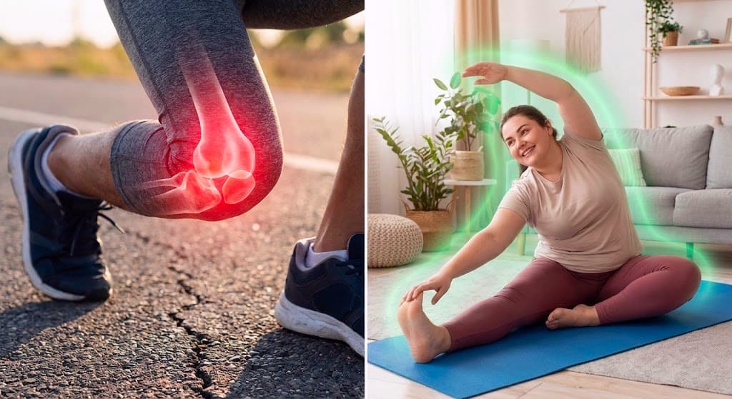 Femme en surpoids faisant du sport à la maison sans douleur