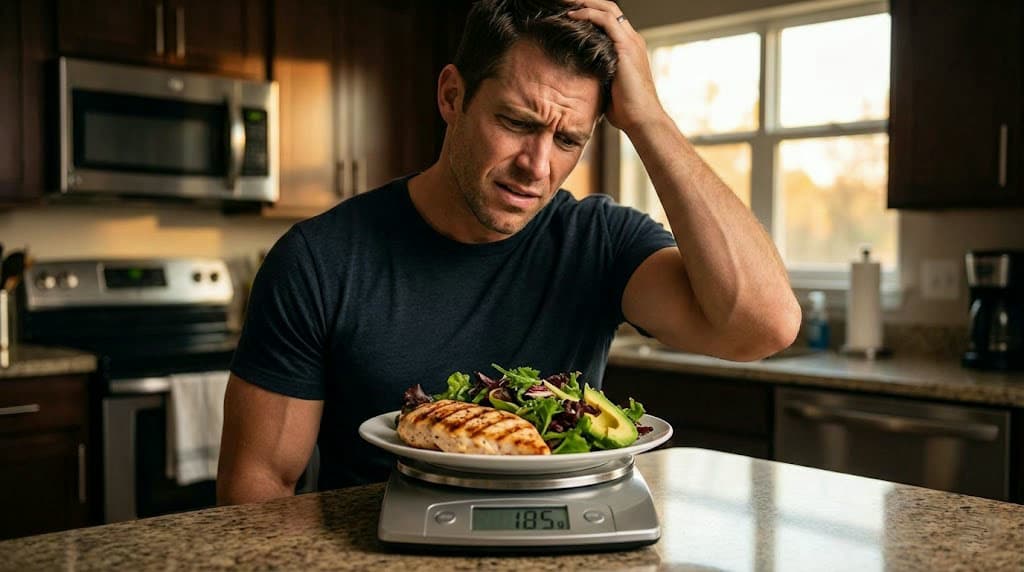 Homme frustré devant une balance qui ne bouge pas