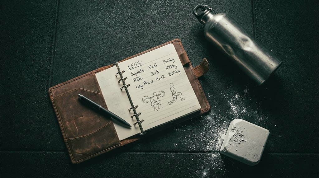 Cahier de musculation ouvert sur le sol d'une salle de sport